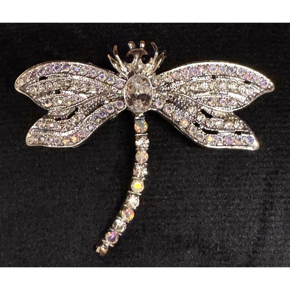 Rhinestone Dragonfly Brooch Vintage Silver Tone Aurora Borealis AB Crystal Pin